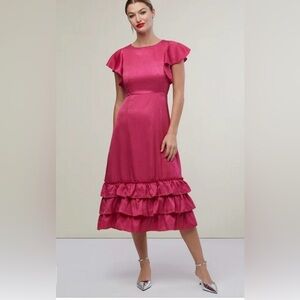 NWT Rachel Parcell Dress Zix Berry Pink Metallic Chiffon Ruffle Midi Size 4 $198